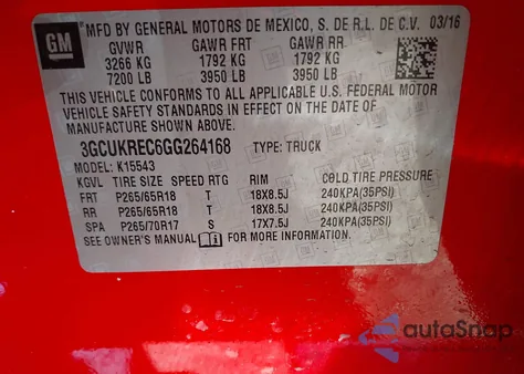 2016 Chevrolet Silverado 1500 2Lt from USA, damaged, VIN 3GCUKREC6GG264168